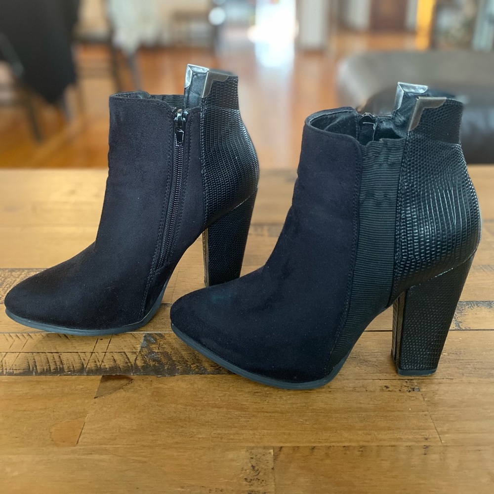 JustFab Black heeled booties. Size 7 (37.5). Lightly worn, great condition